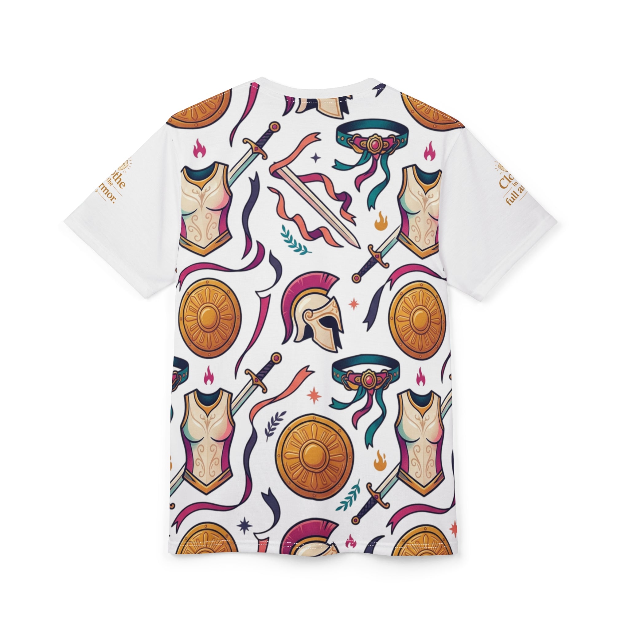 Warrior Armor(Ephesians 6:11) Pattern Tee — Greek Helmet, Shield & Sword All-Over Print