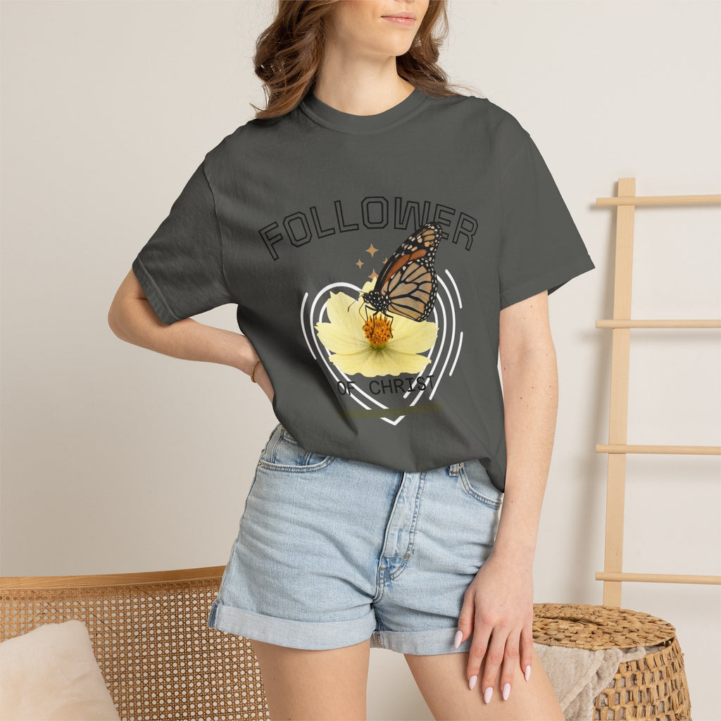 Follower of Christ T-Shirt — Scripture Butterfly Christian Tee (1 Corinthians 11:1) a call to follow.