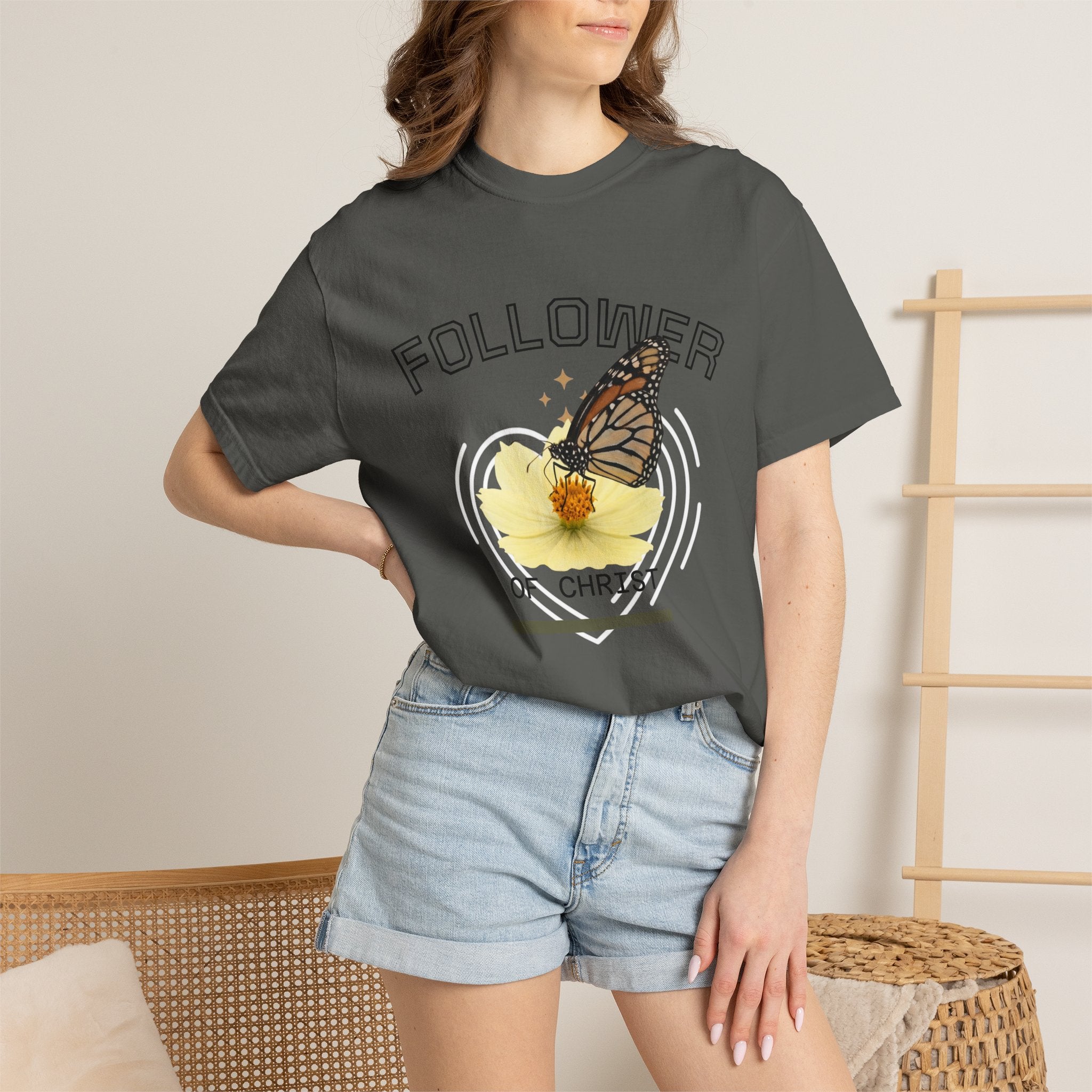 Follower of Christ T-Shirt — Scripture Butterfly Christian Tee (1 Corinthians 11:1) a call to follow.