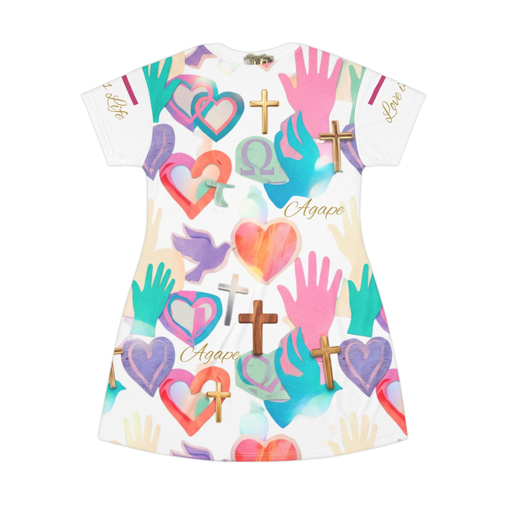 Christian T-Shirt Dress — "Love is Life" Agape Cross, Dove & Heart All-Over Print