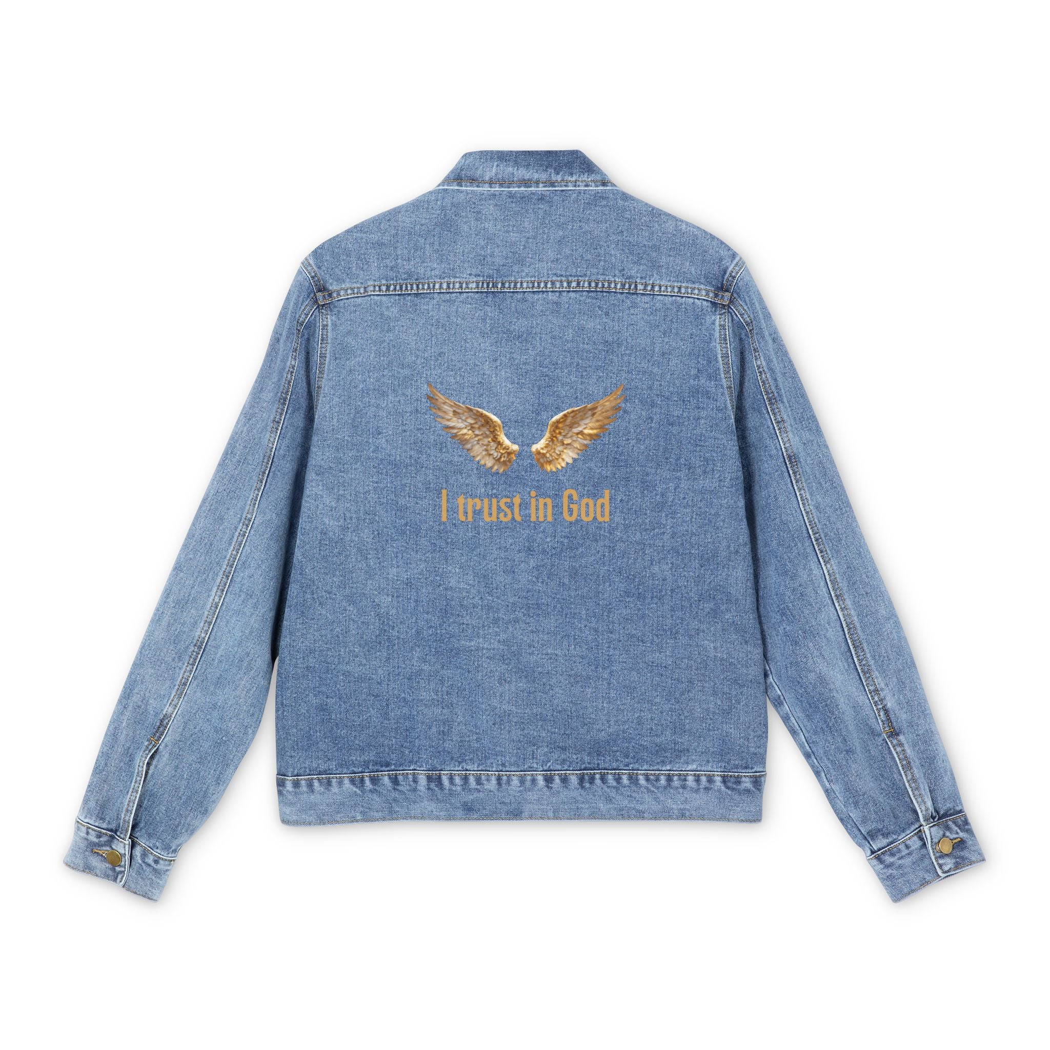 Men's Christian Denim Jacket — "Trust in God" Golden Angel Wings Embroidered Back